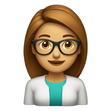 mujer con piel de color blanco con gafas sonriente cabello hasta el hombro y de color marron con un computador sticker