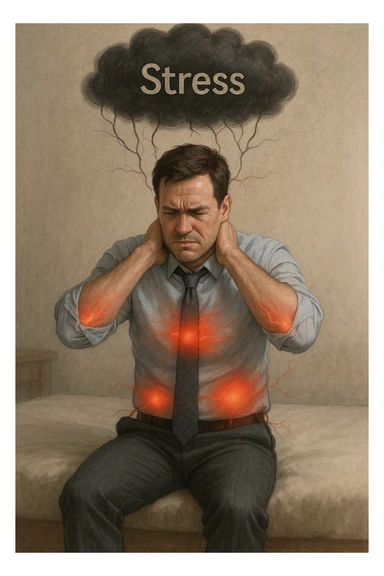 Uomo tra i 30 e i 40 anni in abiti da ufficio, seduto su una sedia o sul letto, con mani sul collo o sulla testa, visibilmente stressato. Attorno al corpo si vedono aree evidenziate di dolore (spalle, stomaco, schiena) rappresentate da leggere sfumature rosse o pulsanti. Sopra la sua testa, una nuvola scura con la parola 'Stress' scritta dentro, collegata al corpo con fili o nervi tesi. L'espressione dell’uomo è di frustrazione ma anche convinzione: crede che sia solo lo stress. Stile realistico con accenti simbolici psicofisici sticker