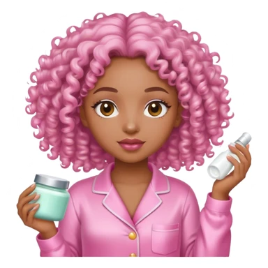 Angelic light skin curly hair black girl in pink satin pajamas doing skin care sticker