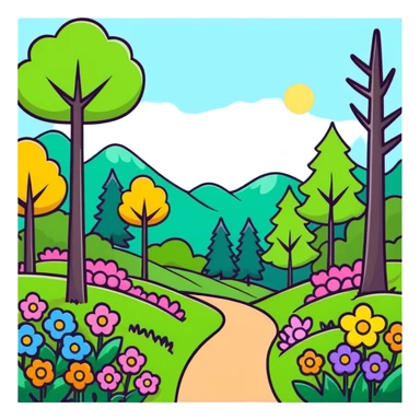 spring forest scene with colorful flowers and green trees in cartoon sticker style sticker