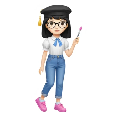 A yellow-skinned girl with long straight black hair, flat bangs, black frame glasses, a white puffy sleeve doll shirt, blue spacious jeans and pink shoes, and a black painter's hat，no yellow spikes. sticker