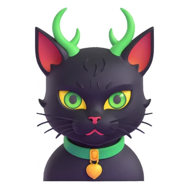 Add a yellow collar to the black cat with green eyes and demon horns, keeping the 3D style with no background as in the original image. sticker