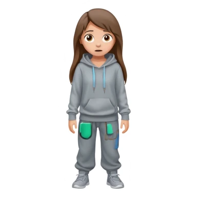 Chica grande  asustada de cuerpo completo mirado a la izquierda con pelo castaño largo y piel blanca  pantalones baggy  grises y hoodie gris  sticker