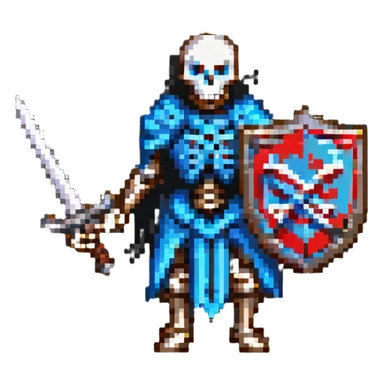 pixel art skeleton with a sword and shield, classic RPG look sticker