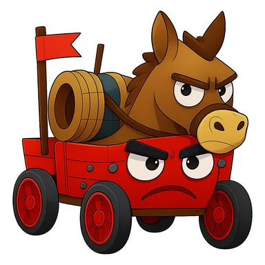 Convert the emoji image of a silly angry donkey pulling a wagon to a different file format such as JPEG or WebP while keeping the transparent background. Ensure the donkey and wagon remain clear and recognizable, and the file size stays under 1MB. sticker
