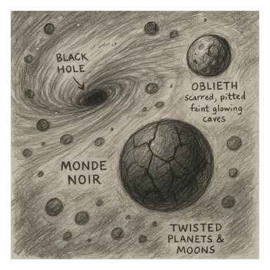 hand drawn map of dark back ward -“A dark cosmic region orbiting a massive black hole. No sunlight. A dead solar system with twisted planets and moons circling in silence. Monde Noir looms in the foreground — a cracked, obsidian planet with no atmosphere. Its moon, Oblieth, floats nearby, scarred and pitted, with faint green lights glowing from within cave openings. Stars are distorted and streaked by gravitational lensing. The entire scene is heavy, quiet, and surreal.” sticker