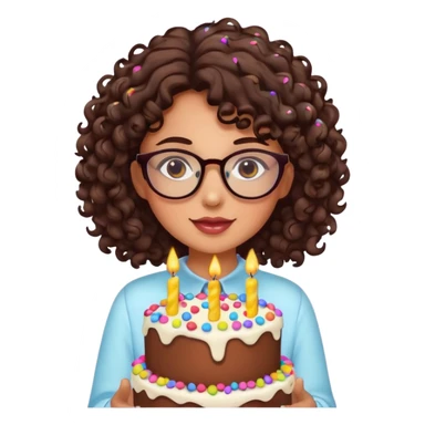Tanned girl with dark brown curly hair wearing glasses with a cute birthday cake  sticker