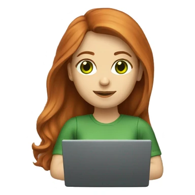 Female coder featuring a laptop. She has long reddish hair, green eyes, white skin. sticker
