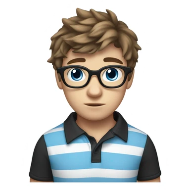 A shy teenage boy with tousled brown hair, large blue eyes, and thick black-rimmed glasses. He wears a light blue striped polo and has a white cast on his left arm. he's nervous sticker