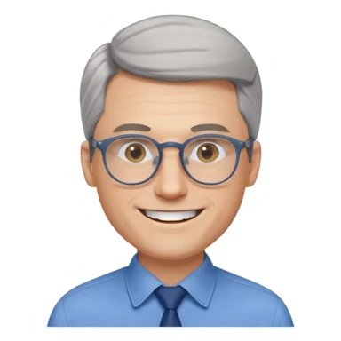 30 yr old pale white man, grey side swept hair, round glasses, big smile, white teeth, handsome, longer hair, thin glasses, blue dress shirt, no tie sticker