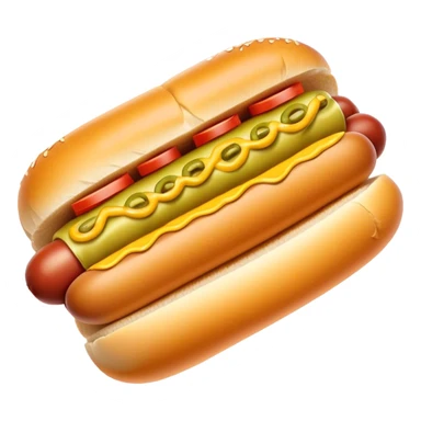 Cinematic Realistic Hot Dog Dish Emoji, featuring a classic hot dog in a bun topped with mustard and relish rendered with crisp textures and vibrant, dynamic lighting. sticker