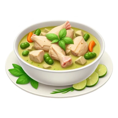 Green Chicken Curry Cinematic Realistic Green Chicken Curry Dish Emoji, depicted as tender chicken chunks simmered in a fragrant green curry sauce with vegetables, rendered with vivid textures and dynamic, vibrant lighting. sticker