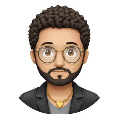 Hombre, cara redonda, gafas redondas oscuras, barba corta, pelo corto rizado. Sonrisa leve, expresión tranquila. Camiseta gris, jacket negro abierto, collar dorado sticker