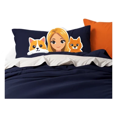 Blonde woman in bed  with a dark, gray cat and orange cat and a golden retriever sticker