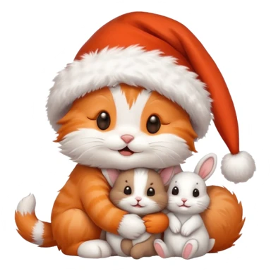 Happy Kitten wearing a Santa hat hugging a cute bunny in a Santa hat sticker