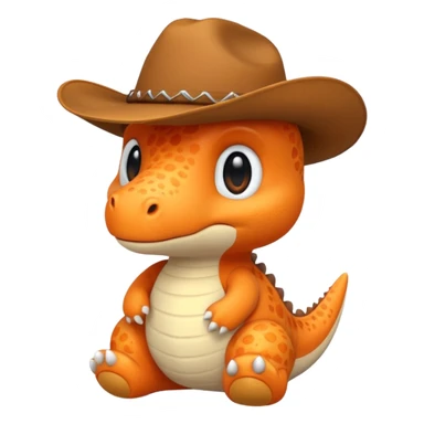 A emoji of a small dino plushie that's orange with a cowboy hat sticker