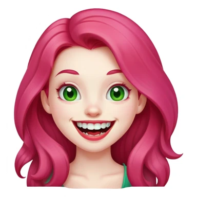 Young girl with pale skin, full pink lips smiling with big teeth, red long hair, big brown eyes with a hint of green, big mouth sticker
