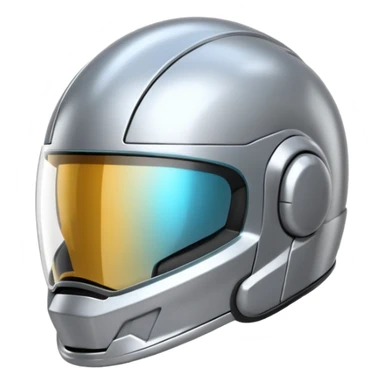 A futuristic helmet emoji made of silver chrome, smooth aerodynamic shape, minimal visor detail, reflective metallic surface, sci-fi aesthetic, iOS emoji style, centered on clean white background sticker