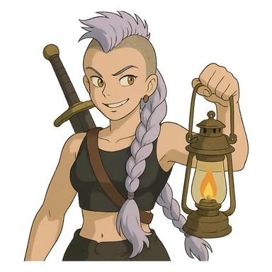A sword maiden, mohawk, long braid white hair with lavender and tips long l locks cascading to the front, gold yellow eyes, black crop top, brandishing a lantern. Mischievous smirk sticker