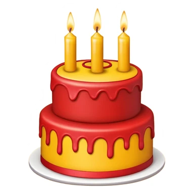 large red and yellow birthday cake with three candles, bright, iOS emoji style, no background sticker