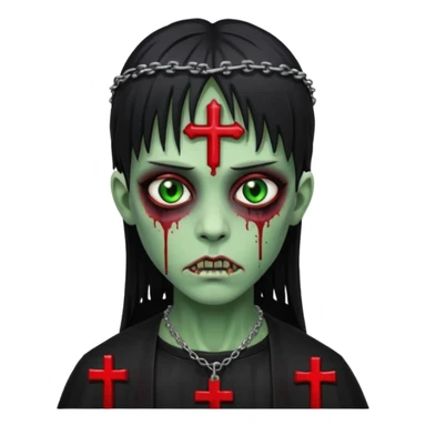 zumbi verde com olhos vermelhos sangrando e franja roupa preta e um crucifixo como colar sticker