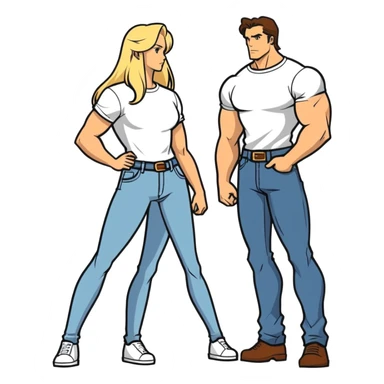 Two people together, a 35 year-old tall muscular man with brown hair and a shorter blonde woman long hair also very good shape getting married next month. I don’t want them in wedding garb jeans and a T-shirt that show off their bodies would be best. sticker