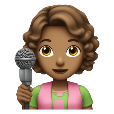 brown haired girl with green eyes wearing pink with a microphone  sticker