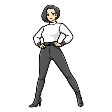 female character with oval-shaped flat-top head wearing tight black pants and black medieval high-heeled boots sticker