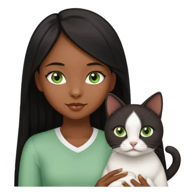 black girl with brown eyes with straight long black hair with a side part.  holding a female white cat with green eyes sticker