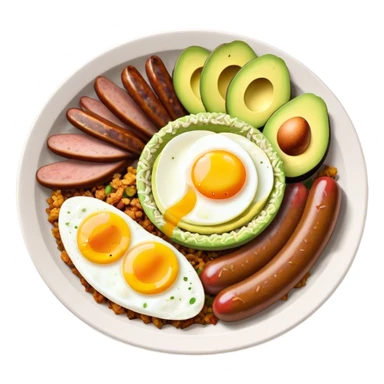 Bandeja Paisa Cinematic Realistic Bandeja Paisa Dish Emoji, depicted as a hearty platter featuring rice, beans, avocado slices, one sausage, a perfectly cooked egg, and crispy pork crackle, rendered with vivid textures and robust, inviting lighting. sticker