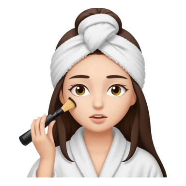 Girl with brown hair in white dressing gown and white towel wrapped in her head doing her mascara  Eyes closed white dark hair and towel wrapped differently doing mascara long hair  sticker