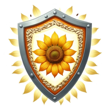 Floating seeds (pumpkin, sunflower, sesame) and a glowing cut of lean meat positioned on a bright shield of light. The shield emits protective rays while the seeds and meat shine with nutritional essence, creating a healing and protective visual. sticker