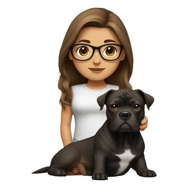 girl with long brown hair and beige glasses with a black american bully dog has a white belly sticker