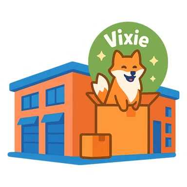 Remove the stroke or outline from the parcel warehouse building emoji with the Vixie Cargo logo, keep the color scheme and no background. sticker