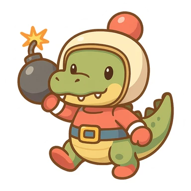 A crocodile styled as a classic Bomberman character, with a cartoonish body, helmet, and bomb accessories, in a playful and vibrant style sticker