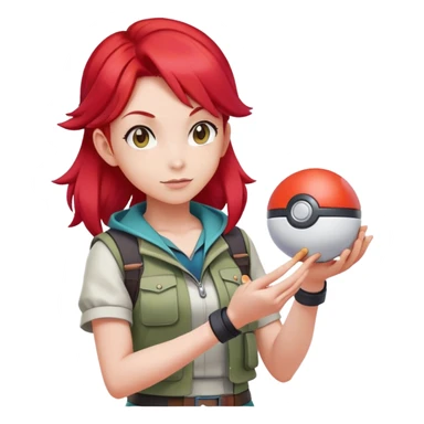 female pokemon trainer with bright red hair, pokeball, adventure outfit sticker