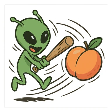 cartoon alien hitting a peach, exaggerated motion, fun vibe sticker