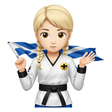 A girl in taekwondo uniform with two yellow strips on the black belt and left chest a finland flag. sticker