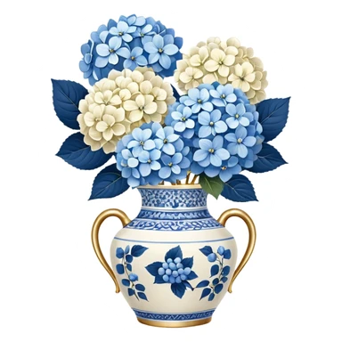 Blue and white floral vase with gold handle, with white hydrangeas stem and blue hydrangeas stems sticker