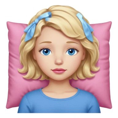 Girl Blonde short wavy hair,  blue eyes, cute blue top, long lashes, pink lips, sleeping sticker