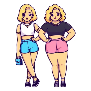 Full body of two teenage girls standing together, one white with straight blonde hair and one brown-skinned with curly dark hair, both with heavy makeup, big lips, crop tops, gold jewelry and flashy choni style outfits sticker