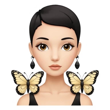 Lady with black buzz cut hair and lashes wearing 4 black earrings holding white butterfly sticker