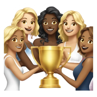 Eight beautiful blonde and Latina women celebrating with 1 huge gold trophy sticker