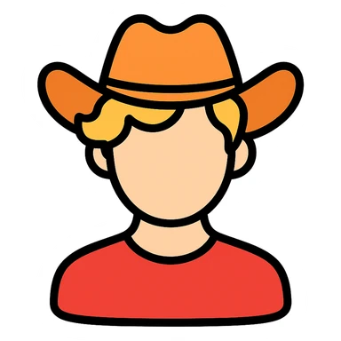 color outline icon of young man with wavy blonde hair, blank face, orange cowboy hat sticker