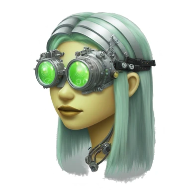 Light green long hair female cyborg head with silver steampunk goggles as a headband, circuits sticker