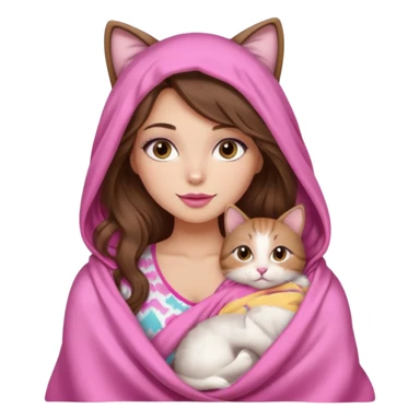 girl with long wavy brown hair, brown eyes, long lashes makeup, sexy pink lips, light to medium complexion, wearing a pink sexy silk top, big blanket over the head cozy holding a cat,  sticker