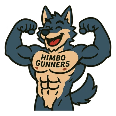 super buff wolf furry, shirtless, 'Himbo Gunners' tattoo on chest, flexing with both arms, cheerful expression sticker