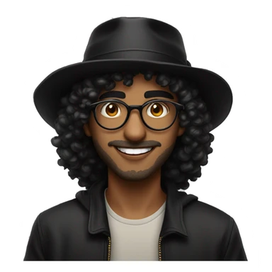 young arab guy with square gold transparent thin glasses, big lips, no beard, a lil bit mustache, curly hair and a black fishing hat, not too dark skin, smiling with  vampire teeth like sticker