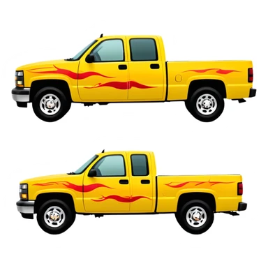 Yellow 1997 Chevrolet C-2500 Crew Cab Silverado with accurate red flame decal printed on the hood, exactly as seen in Kill Bill movie, 30-degree view showing detailed flame graphics, iOS emoji style sticker
