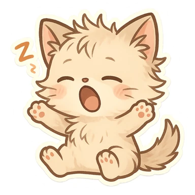 chibi style cat waking up, tiny paws, messy fur, cute expression sticker